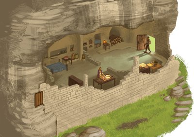Vue d'artiste de l'aménagement de la Grotte de la Vieille au XVIIIe s.